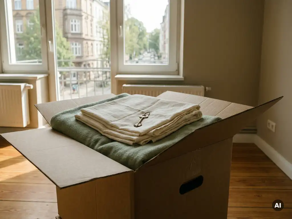 Geöffneter Umzugskarton mit Messingschlüssel auf gefalteter Wäsche, Tageslicht durch modernes Hamburger Apartmentfenster im Hintergrund.