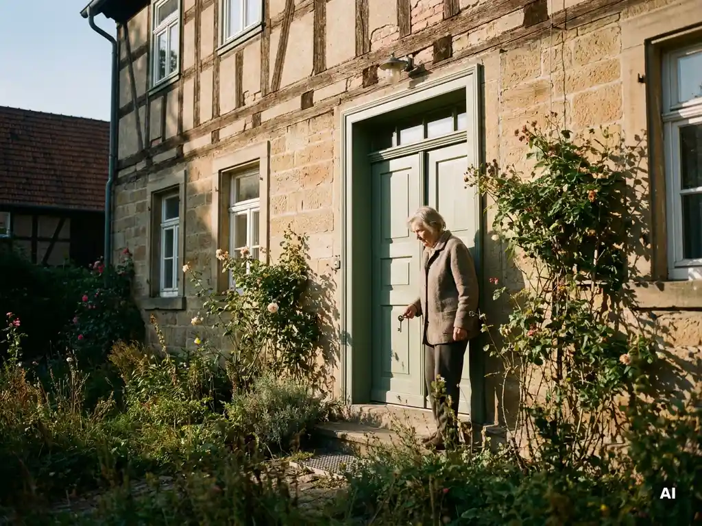 Ältere Frau steht nachdenklich mit einem Schlüssel vor einem traditionellen deutschen Einfamilienhaus mit verwildertem Garten im Nachmittagslicht.