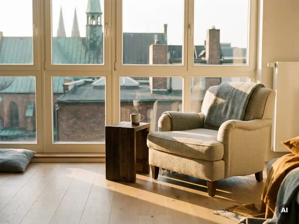 Minimalistisches Wohnzimmer mit Sessel und dampfender Tasse auf Beistelltisch, Blick auf Hamburger Dächer im goldenen Nachmittagslicht.
