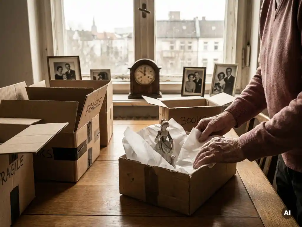 Ältere Hände wickeln Porzellanfigur in Seidenpapier ein, umgeben von Umzugskartons und Familienfotos im warmen Nachmittagslicht.
