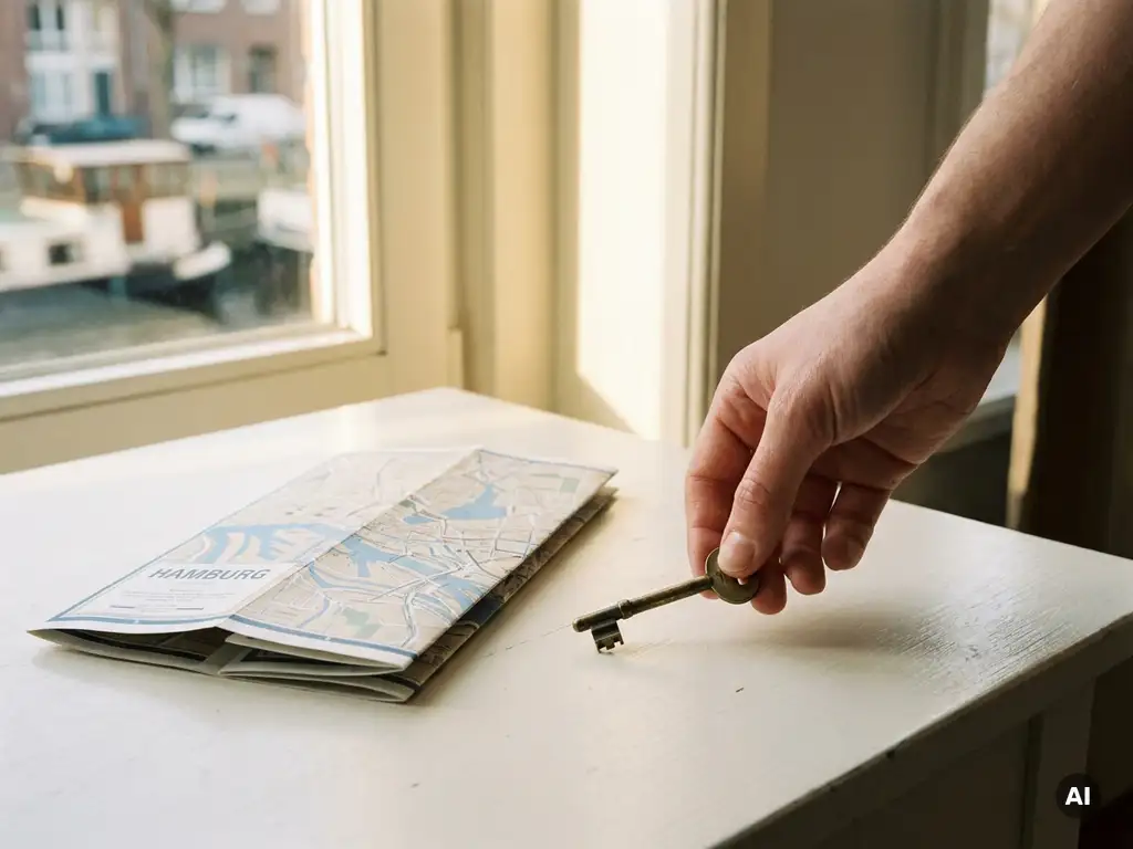 Hand legt einen Messingschlüssel auf weißen Tisch neben gefalteter Hamburg-Stadtkarte, Kanalreflexionen im warmen Morgenlicht.