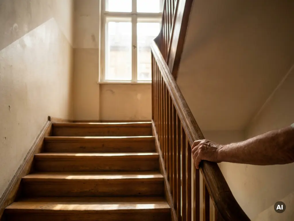 Alte Hand umgreift polierten Eichenhandlauf einer Holztreppe in einem deutschen Stadthaus, warmes Nachmittagslicht.
