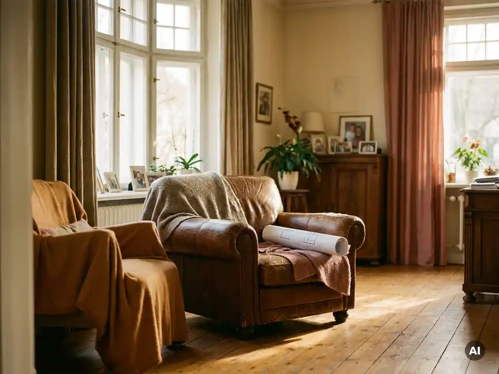 Verwitterter Ledersessel neben einem sonnigen Erkerfenster in einem deutschen Altbau, Grundriss auf der Armlehne, warmes Nachmittagslicht.