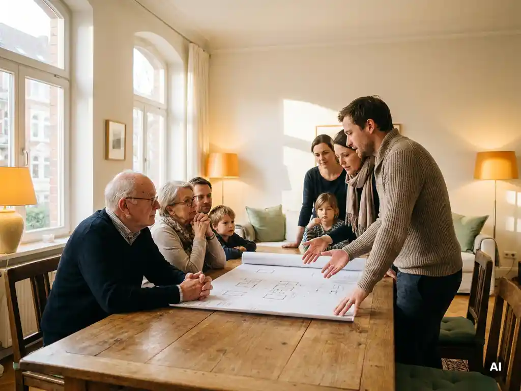 Mehrgenerationenfamilie bespricht Baupläne an einem Eichentisch in einem Hamburger Stadthaus bei warmem Nachmittagslicht.