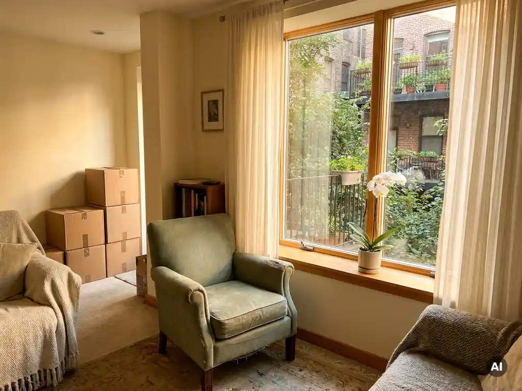 Gemütliches Wohnzimmer mit Sessel am sonnigen Fenster, Orchidee auf der Fensterbank und Umzugskartons im Hintergrund – Downsizing in Hamburg.