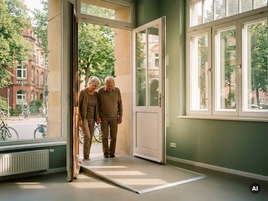 Älteres Paar prüft barrierefreien Eingang einer Erdgeschosswohnung in Hamburg bei warmem Nachmittagslicht.