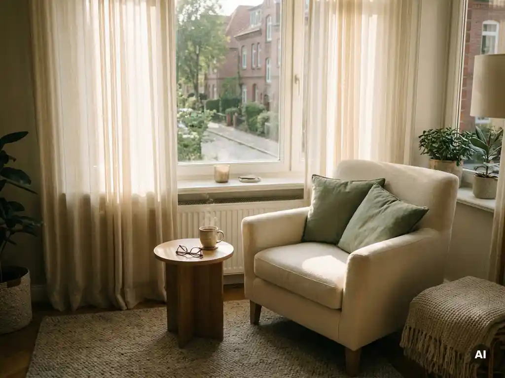 Gemütlicher Sessel neben einem sonnendurchfluteten Fenster in einer seniorengerechten Hamburger Wohnung mit Teetasse auf dem Beistelltisch.