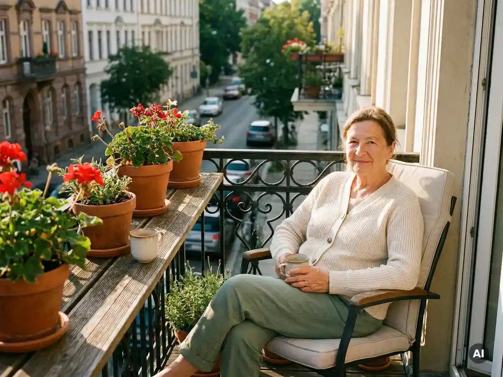 Ältere Frau entspannt auf sonnigem Balkon in Hamburg mit Teetasse und roten Geranien, Blick auf begrünte Straße.