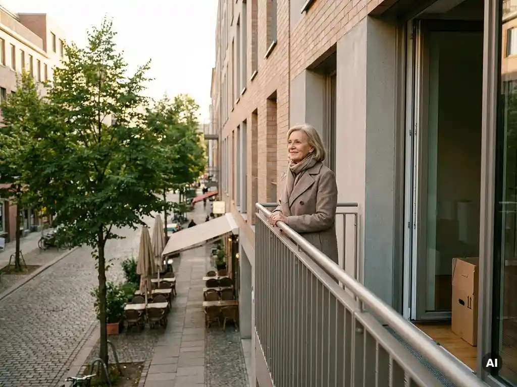 Ältere Frau auf sonnigem Balkon einer modernen Hamburger Stadtwohnung, darunter belebte Pflasterstraße mit Cafés und Bäumen.
