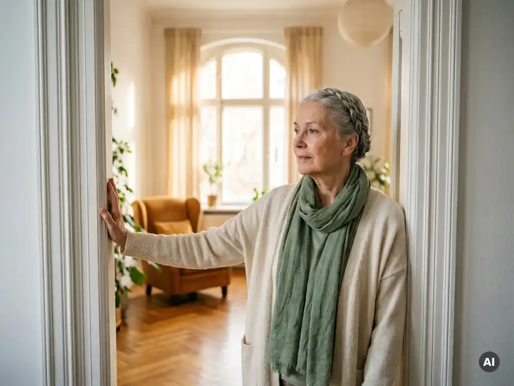 Ältere Frau steht nachdenklich im Türrahmen einer hellen Wohnung mit Parkettboden und großen Fenstern im goldenen Nachmittagslicht.