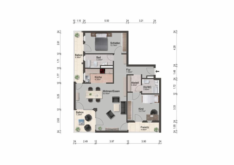 Moderne 3-Zimmer-Wohnung mit 3 Balkonen und Tiefgaragenstellplatz in Mainz Gonsenheim - Grundriss