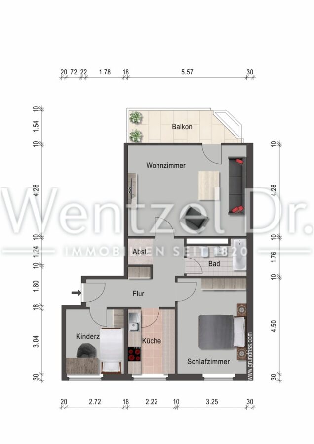 Modernisierte 3 Raum-Wohnung mit Balkon und TG-Stellplatz in beliebter Lage - Den Park vor der Tür - Grundriss