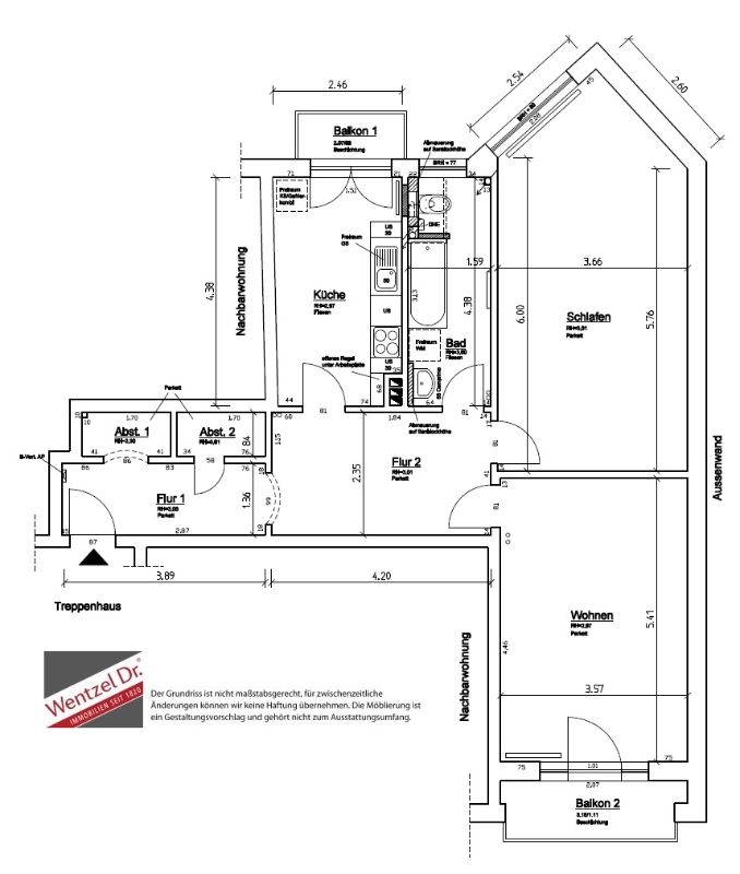 Großzügige 2-Zimmerwohnung mit zwei Balkonen und Fischgrätparkett - Grundriss